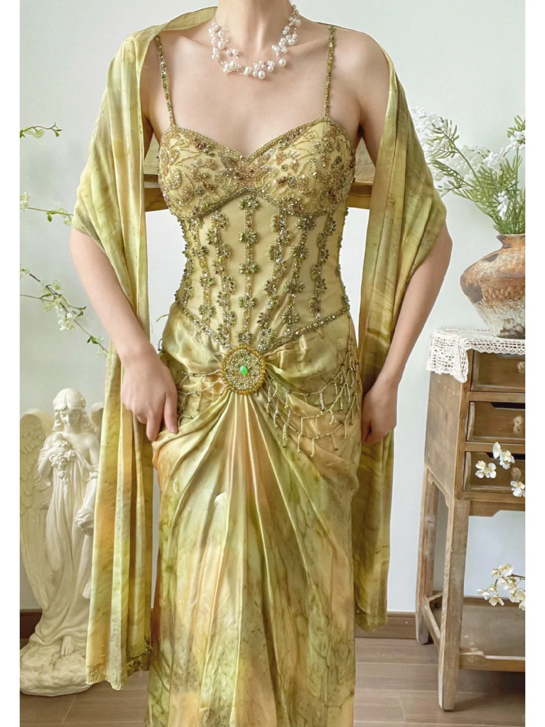 Retro Green Mermaid Spaghetti Strap Beaded Satin Prom Dress 18th Birthday Dress SH3899