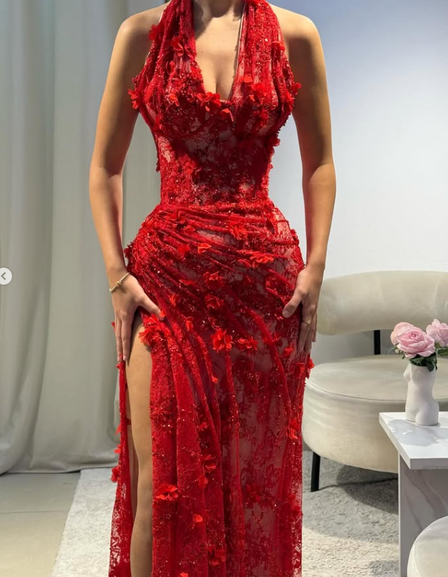 Baby Red Sheath V Neck Beaded 3D Floral Lace Prom Dress Evening Dress SH4544