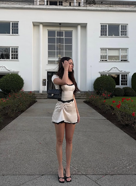 Apricot A Line Round Neck Black Lace Satin Homecoming Dress Cocktail Dress Outfits SH3915