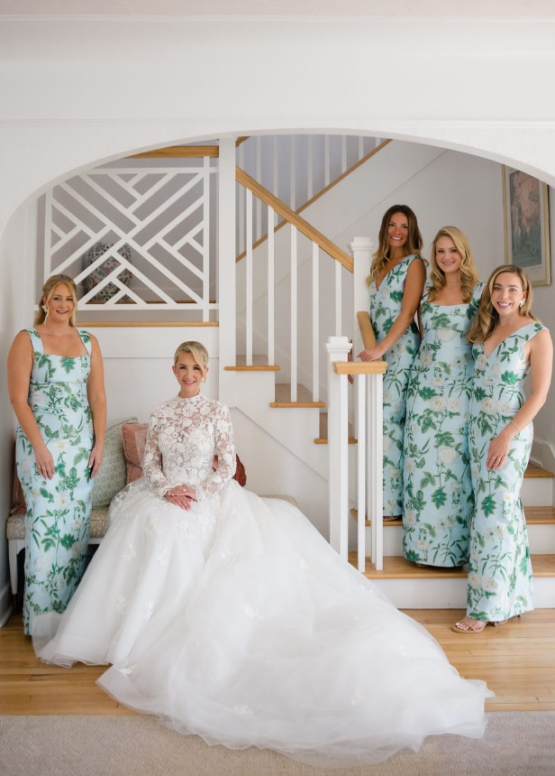 Green Print Floral Sheath V Neck Satin Long Bridesmaid Dress SH6306