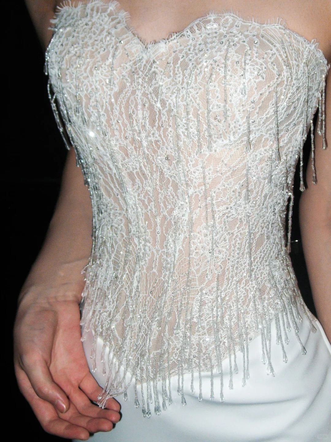 Shiny Mermaid Sweetheart Neck Beaded White Lace Satin Long Wedding Dress SH5871