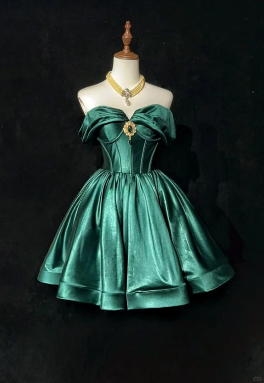 Anna Princess A Line Off the Shoulder Green Satin Short Homecoming Dress Cocktail Dress SH3146