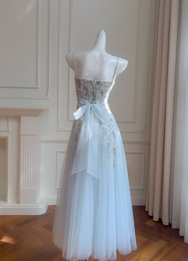Stunning A Line Spaghetti Strap Floral Blue Tulle Prom Dress Wedding Guest Dress SH4505