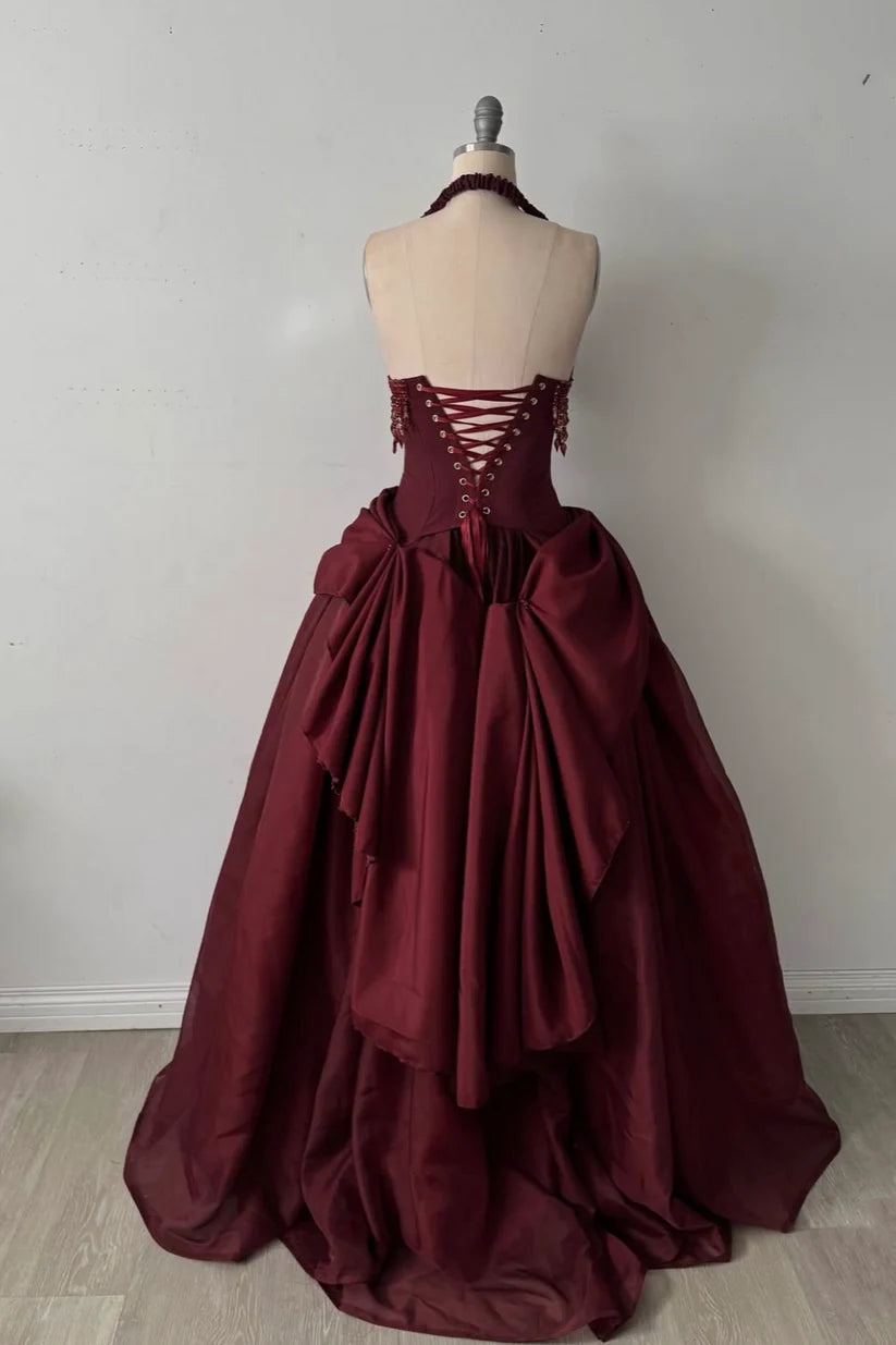 Burgundy Vintage A Line Halter Beaded Satin Long Prom Dress SH5151