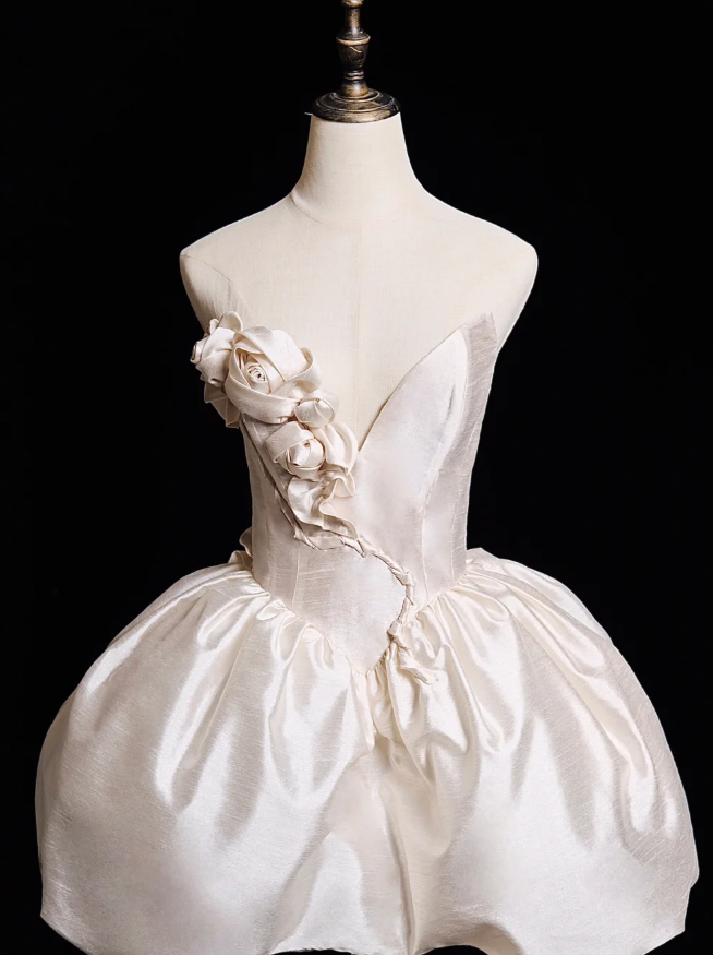 Cute A Line V Neck 3D Floral White Satin Short Homecoming Dress Birthday Dress SH4275