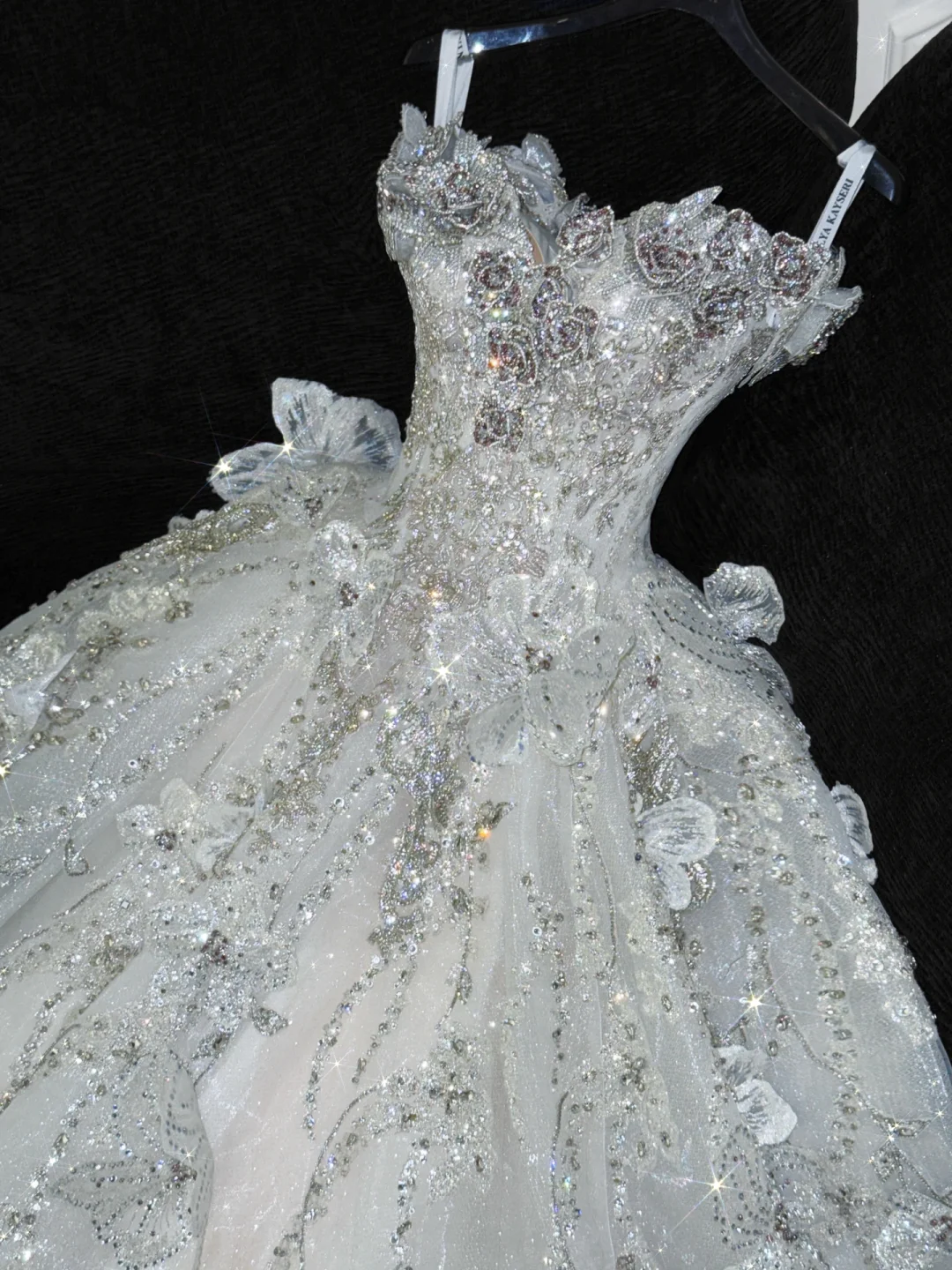 Gorgeous Ball Gown Strapless White Flower Silver Sequin Organza Prom Dress Party Dress SH3415