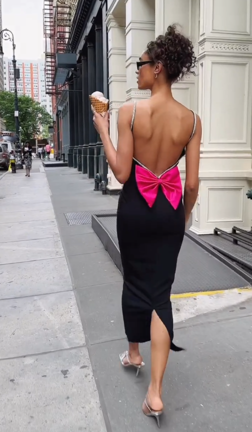 Black Sheath Spaghetti Strap Pink Bow Satin Prom Dress Party Dress SH4840