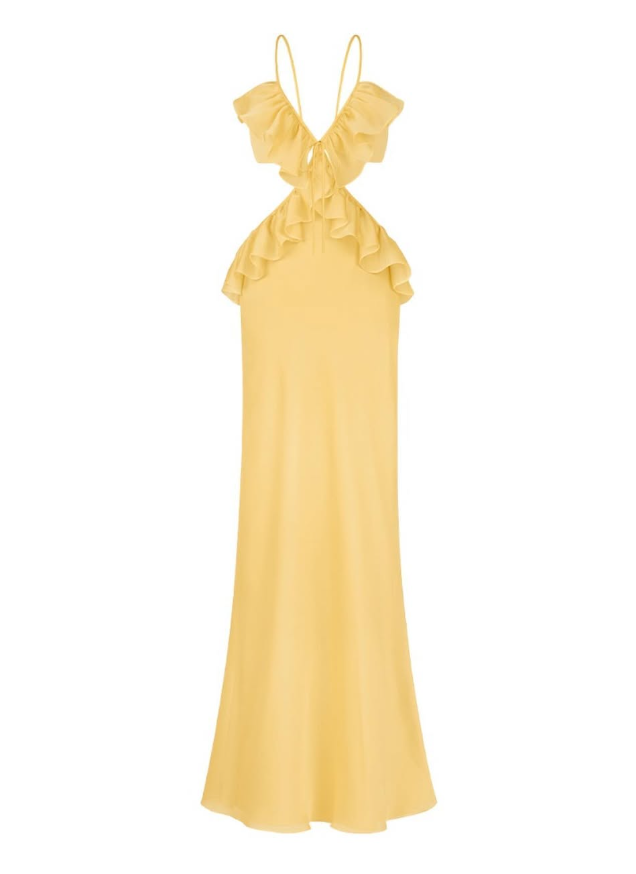 Ruffle Mermaid Spaghetti Straps Yellow Chiffon Satin Open Back Prom Dress Evening Dress SH3289
