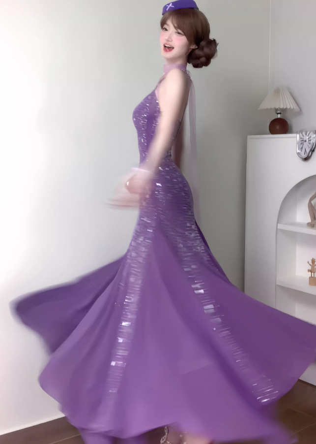 Purple Mermaid Spaghetti Strap Rhinestone Chiffon Prom Dress Vacation Dress Date Dress SH3986