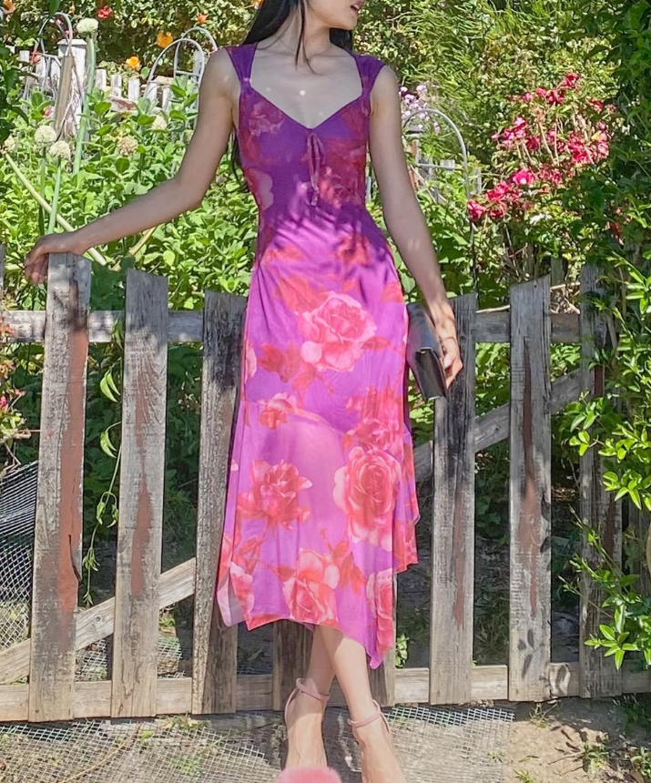 Pretty Purple A Line Straps Print Floral Chiffon Party Dress Date Dress Outfits SH3966