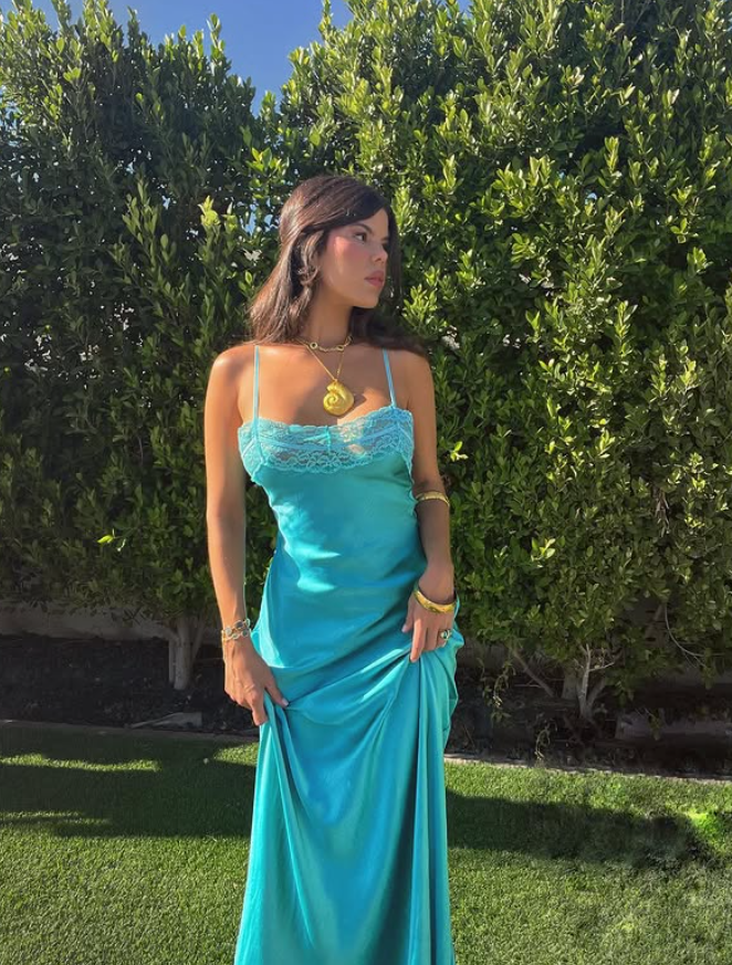 Simple Lake Blue A Line Spaghetti Strap Lace Satin Prom Dress SH4566