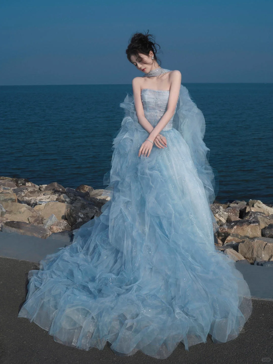 Gorgeous A Line Strapless Beaded Blue Tulle Long Party Dress Evening Dress SH2812