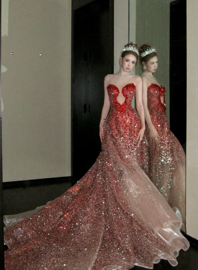 Mermaid Sweetheart Neck Red Ombre Sequin Tulle Long Prom Dress Graduation Prom Dress SH2460