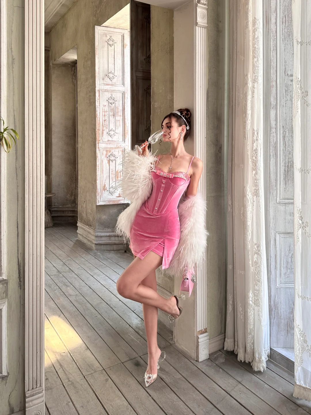 Cute Pink Sheath Spaghetti Strap Beaded Velvet Homecoming Dress Wedding Guest Dress SH4470