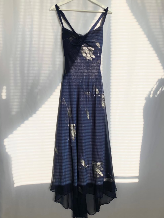 Charming Print Floral A Line Spaghetti Strap Navy Blue Chiffon Homecoming Dress Party Dress SH3570