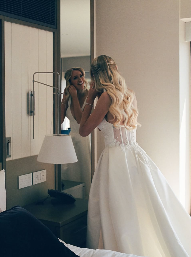 Elegant A Line V Neck Appliques White Satin Long Sweep Wedding Dress SH2192