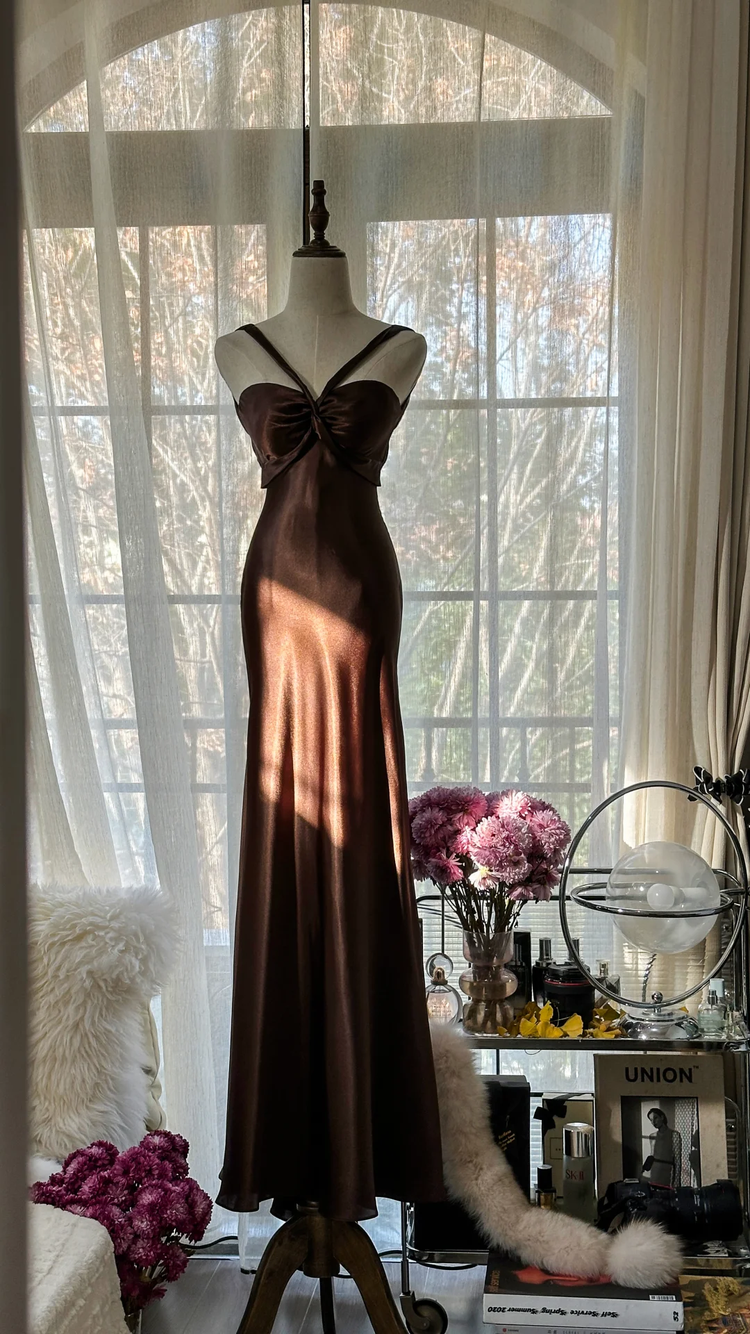 Sexy Mermaid Halter Brown Satin Long Open Back Party Dress Evening Dress SH2940