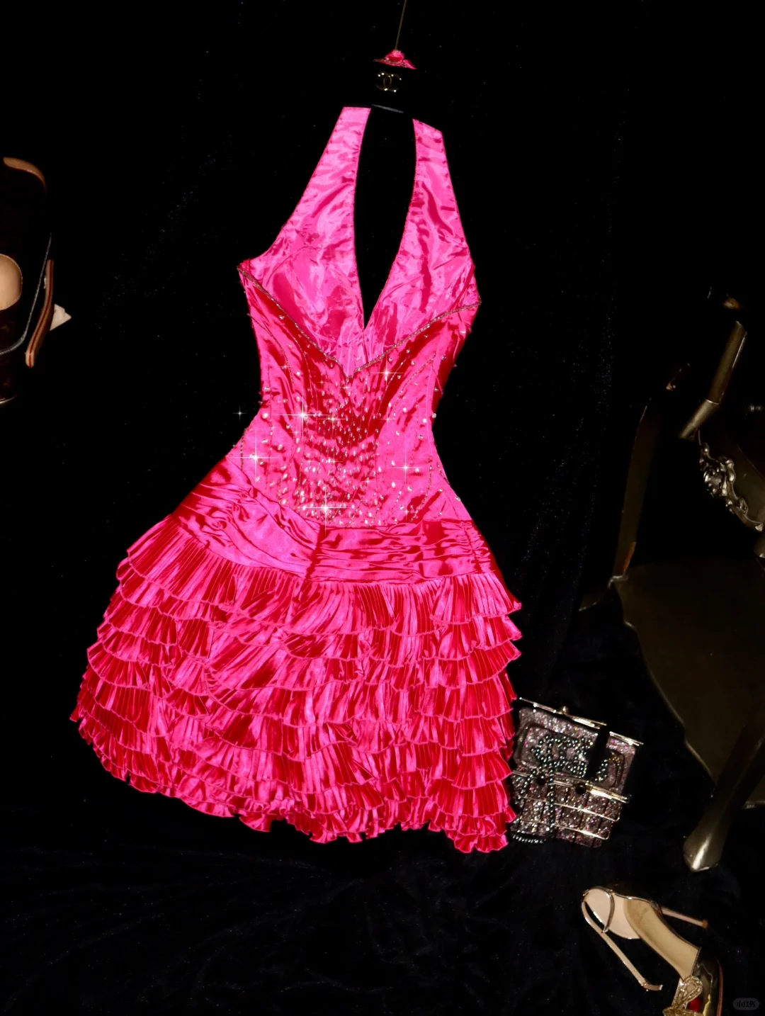 Barbie Pink Cute A Line Halter Beaded Layered Satin Short Homecoming Dress Party Dress SH3049