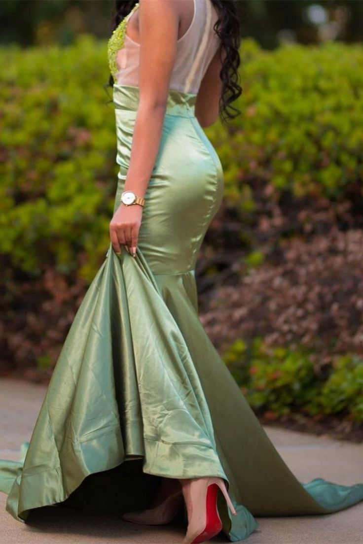 Charming Green Appliques Mermaid Prom Dress Sweep Train Evening Dress SH709