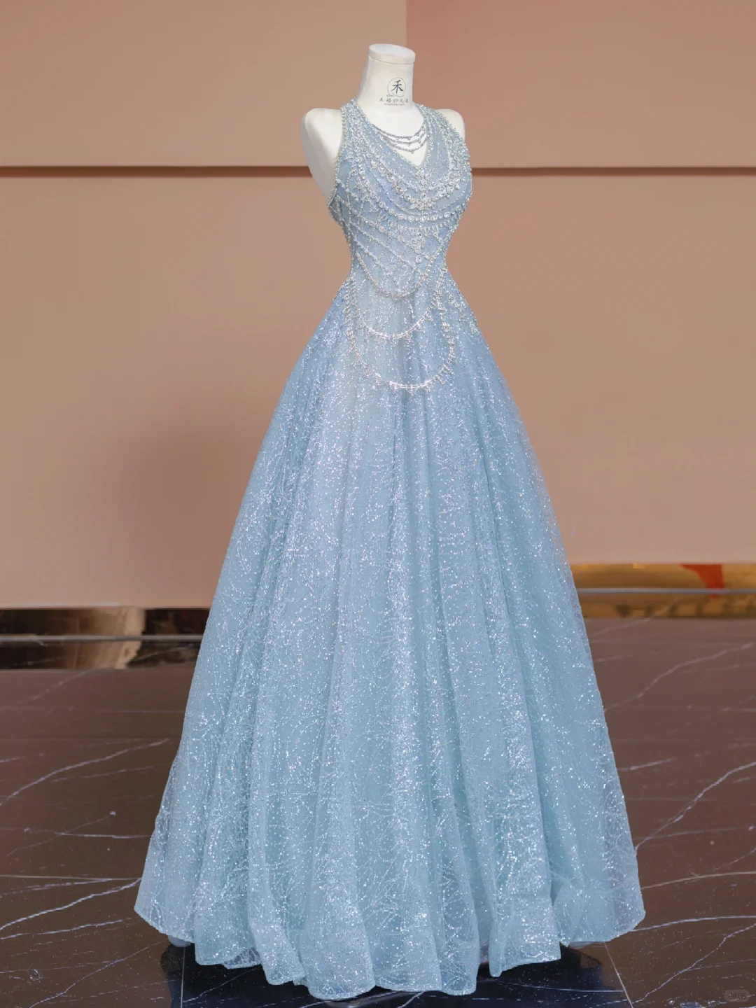 Dreamy Baby Blue A Line Halter Sequin Beaded Tulle Long Prom Dress Party Dress SH4362