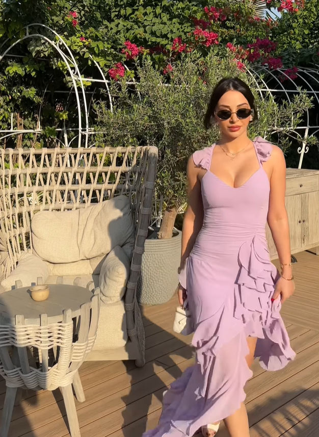 Lilac Flowy Sheath Spaghetti Strap Ruffle Chiffon Prom Dress Party Dress with Slit SH4016