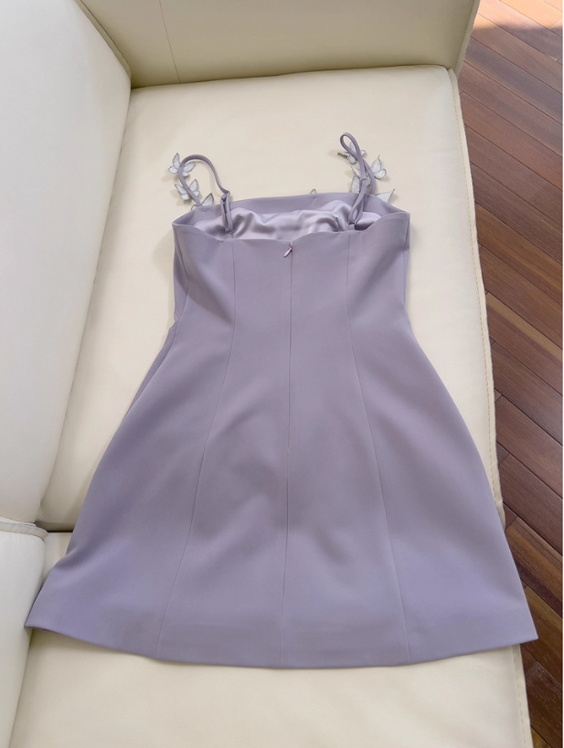 Purple A Line Spaghetti Strap Silver Sequin Butterfly Satin Homecoming Dress SH4501