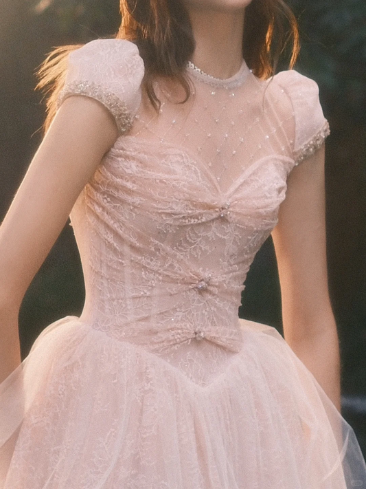 Princess A Line Round Neck Beaded White Lace Tulle Long Prom Dress Evening Dress SH3317