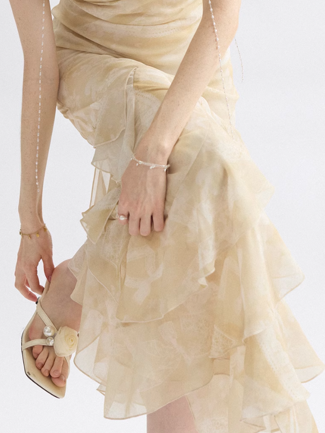 Apricot Mermaid Spaghetti Strap Ruffle Chiffon Long Prom Dress Party Dress SH4147