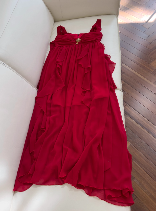 Burgundy Flowy A Line Spaghetti Strap Ruffle Chiffon Prom Dress Vacation Dress SH4502