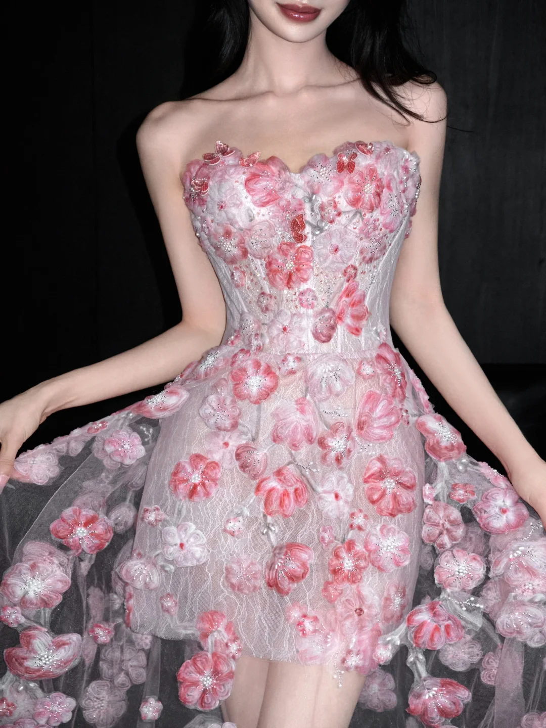 Romantic Pink 3D Floral A Line Sweetheart Neck Tulle Date Dress Evening Dress Homecoming Dress SH3441