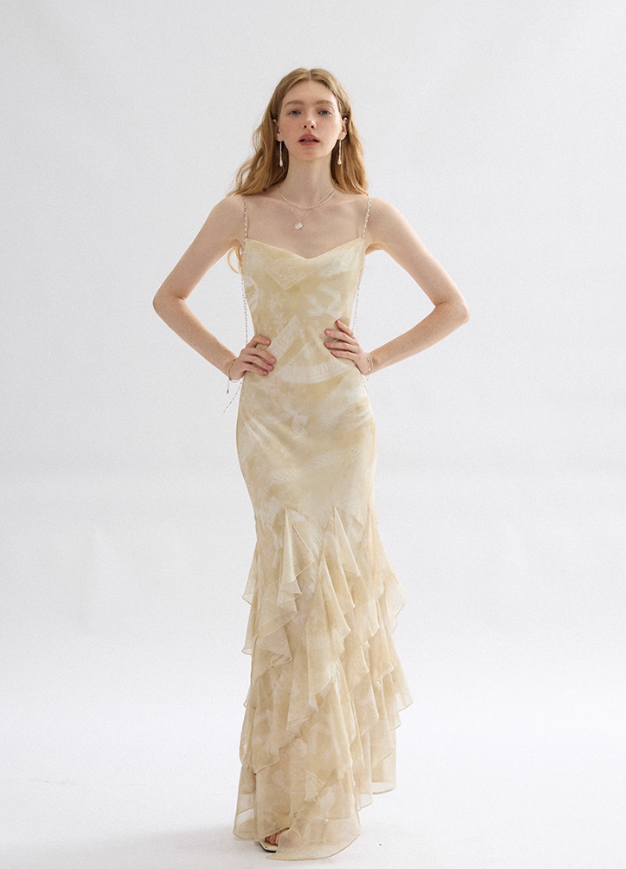 Apricot Mermaid Spaghetti Strap Ruffle Chiffon Long Prom Dress Party Dress SH4147