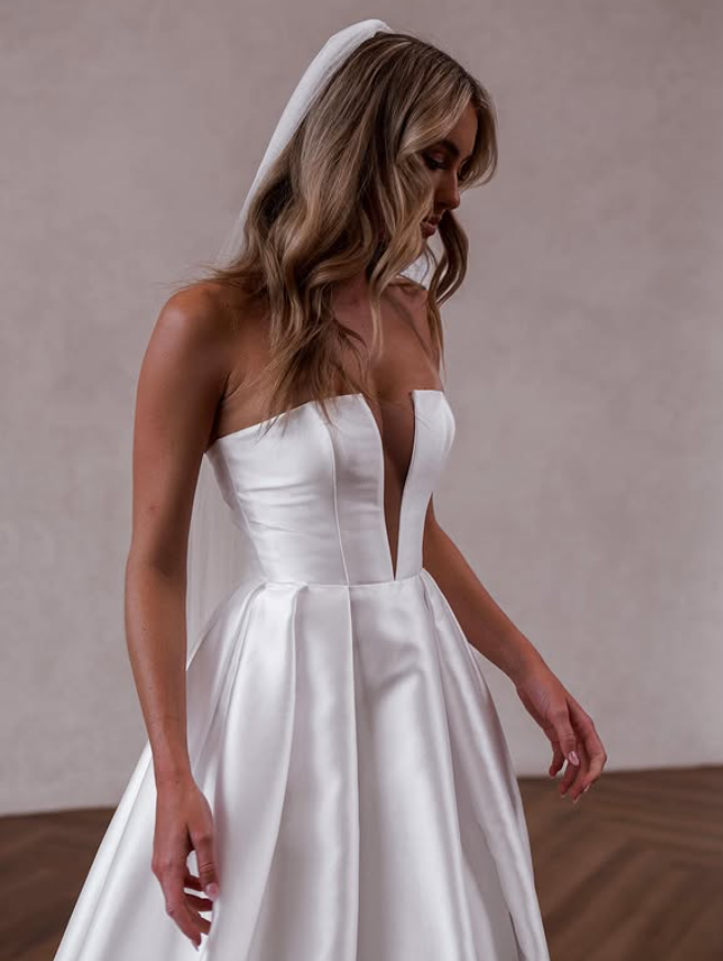 A Line Deep V Neck Satin Long Sweep Wedding Dress Prom Dress with Slit SH4127
