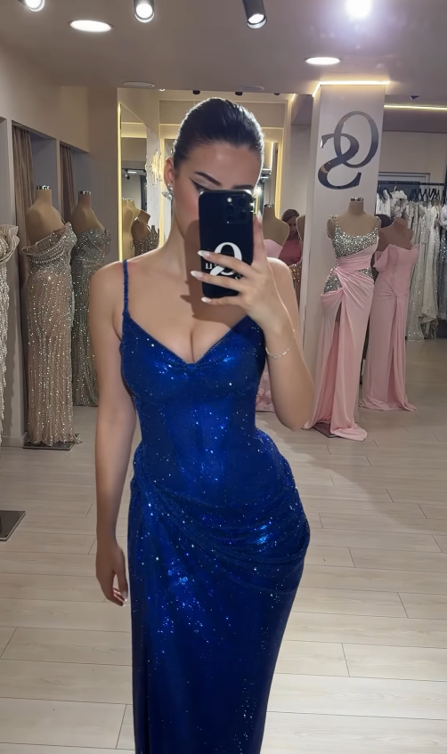 Shiny Sheath V Neck Blue Sequin Long Evening Dress Prom Dress with Slit SH4826