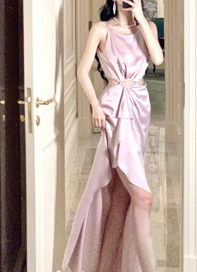 Light Pink A Line Straps Rhinestone Satin Prom Dress Evening Dress Formal Dress with Slit SH4085