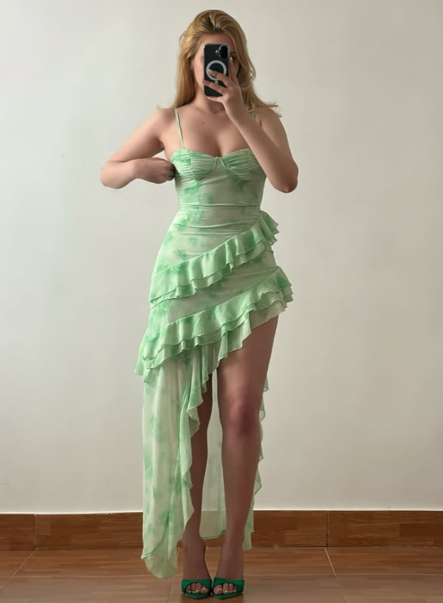 Summer Green Print Floral A Line Straps Chiffon Long Prom Dress Outfits with Slit SH6826