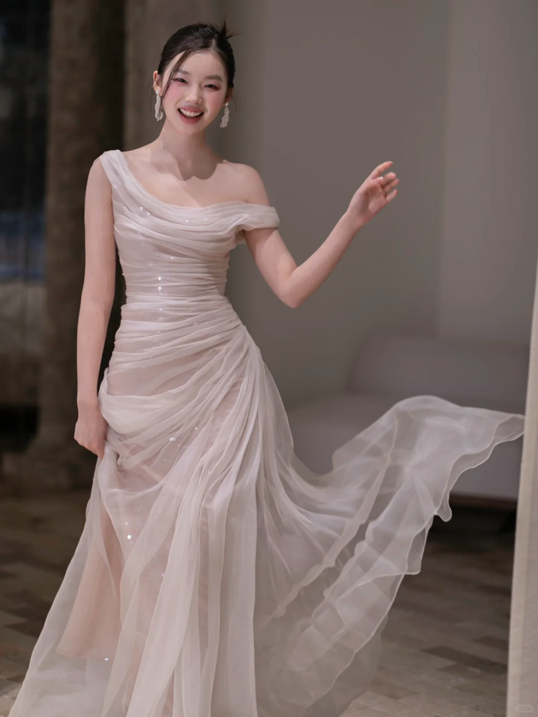 Flowy A Line Off the Shoulder Pleated Tulle Prom Dress Evening Dress SH4213