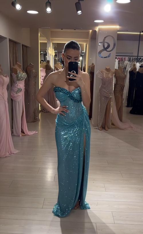 Shiny Blue Sheath Sweetheart Neck Rhinestone Sequin Long Prom Dress Evening Dress with Slit SH4800