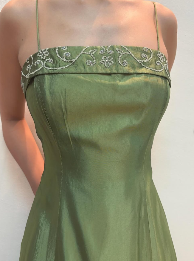 Vintage A Line Spaghetti Strap Beaded Green Satin Prom Dress Evening Dress SH2143