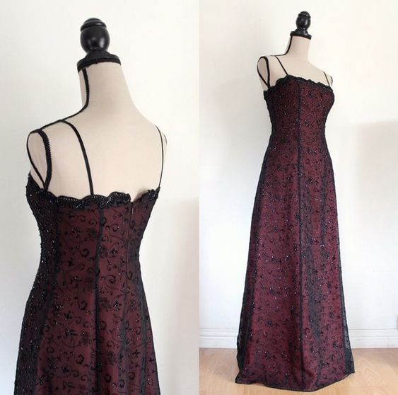Vintage Burgundy A Line Spaghetti Straps Long Prom Dress SH1224