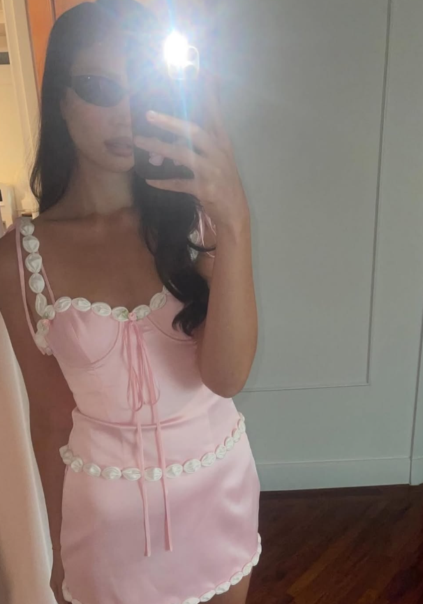 Pink Two Piece A Line Spaghetti Strap Satin Mini Homecoming Dress Birthday Dress SH3696