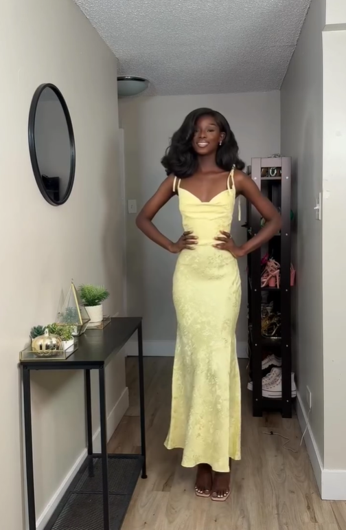 Yellow Mermaid Spaghetti Strap Print Floral Satin Prom Dress Outfits SH4742