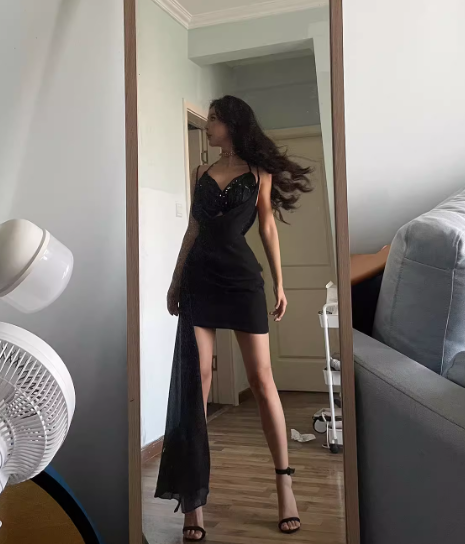 Sexy Sheath Straps Butterfly Sequin Black Chiffon Short Homecoming Dress Cocktail Dress SH3114