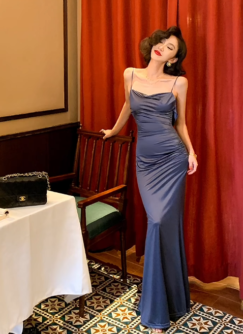 Simple Blue Mermaid Spaghetti Strap Satin Long Prom Dress Vacation Dress SH4316
