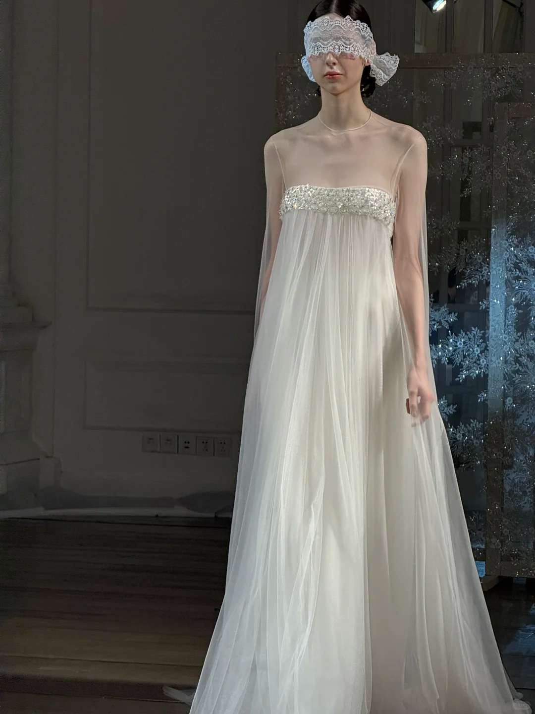 White A Line Long Sleeve Beaded Flowy Tulle Prom Dress Evening Dress SH4277