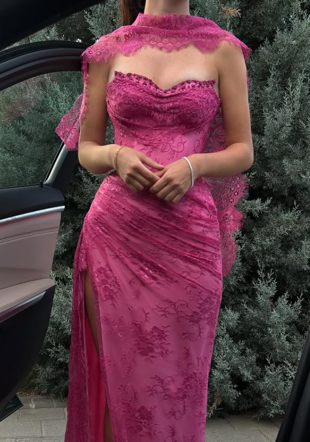 Pink A Line Sweetheart Neck Beaded Lace Prom Dress Evening Dress with Slit SH4438