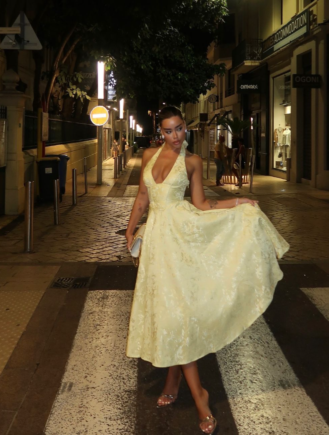 Yellow A Line Halter Satin Open Back Prom Dress Party Dress SH4012