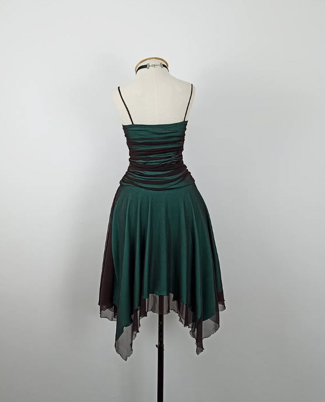 Retro A Line Spaghetti Strap Pleated Black Chiffon Green Satin Homecoming Dress SH3166