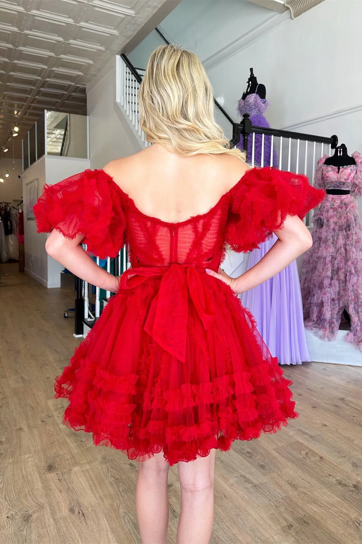 Pink Off-the-Shoulder Ruffles Puff Sleeves Homecoming Dress,Party Dress SH603