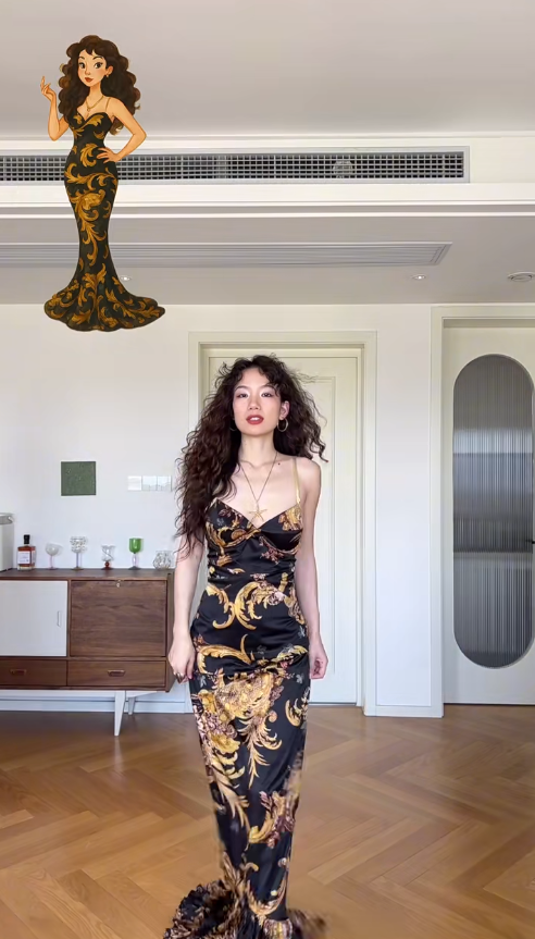 Classic Mermaid Spaghetti Strap Printed Floral Black Satin Prom Dress Wedding Guest Dress SH4560