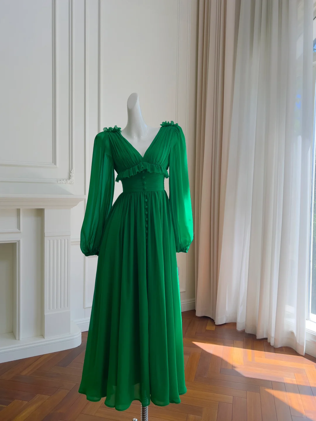 Stunning A Line Long Sleeve Emerald Chiffon Prom Dress Wedding Guest Dress SH3018